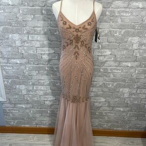 Xscape Blush Beaded Mesh Maxi Dress